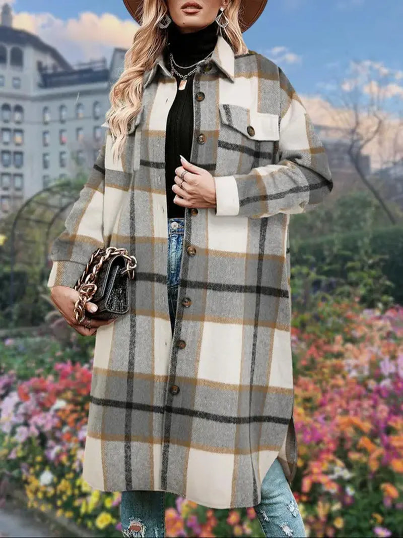 Women'S Plaid Print Button Front Split Side 3/4 Sleeve Warm Coat for Spring, Lady Casual Comfort Loose Drop Shoulder Collared Outerwear for Daily Wear, Womenswear, Women'S Clothes