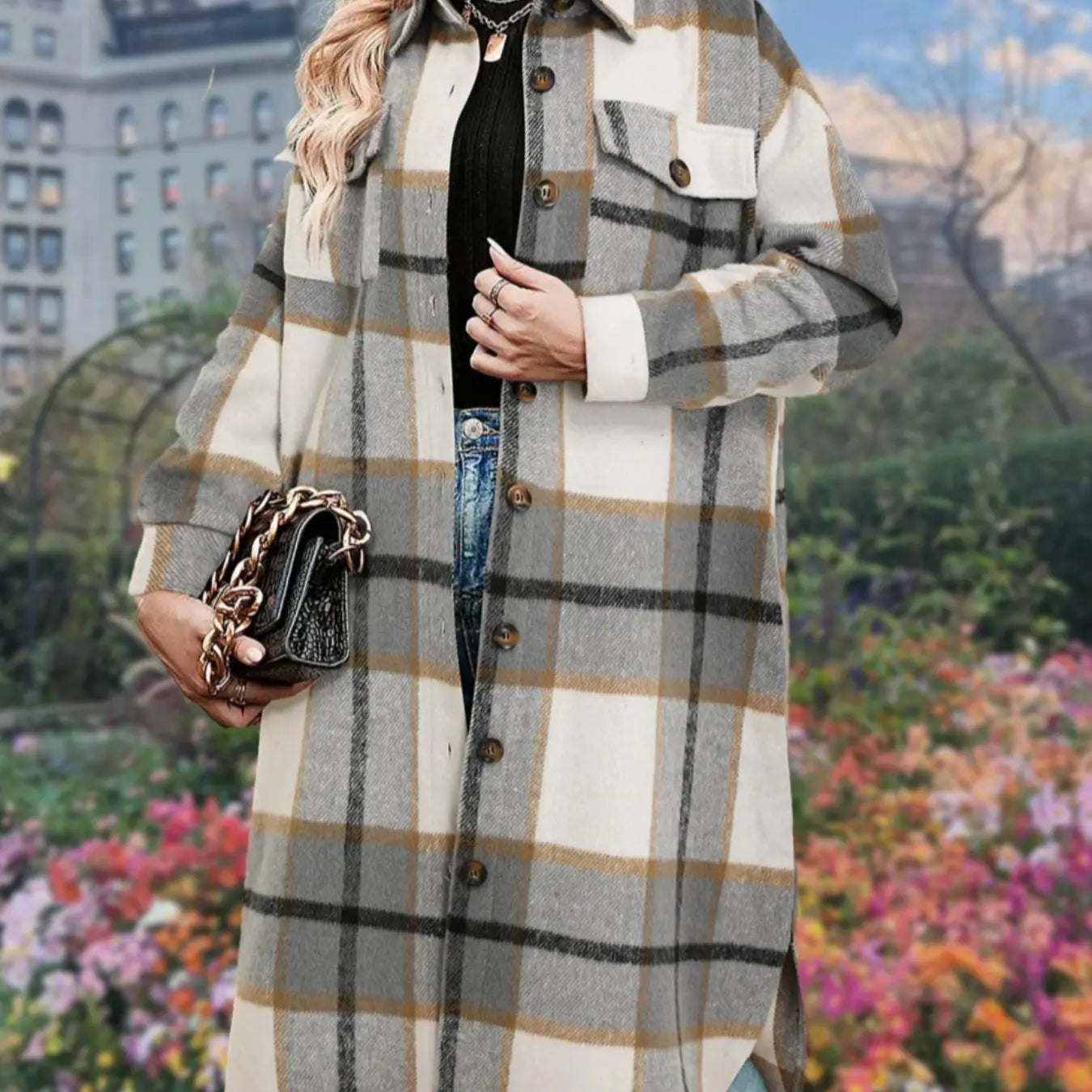 Women'S Plaid Print Button Front Split Side 3/4 Sleeve Warm Coat for Spring, Lady Casual Comfort Loose Drop Shoulder Collared Outerwear for Daily Wear, Womenswear, Women'S Clothes