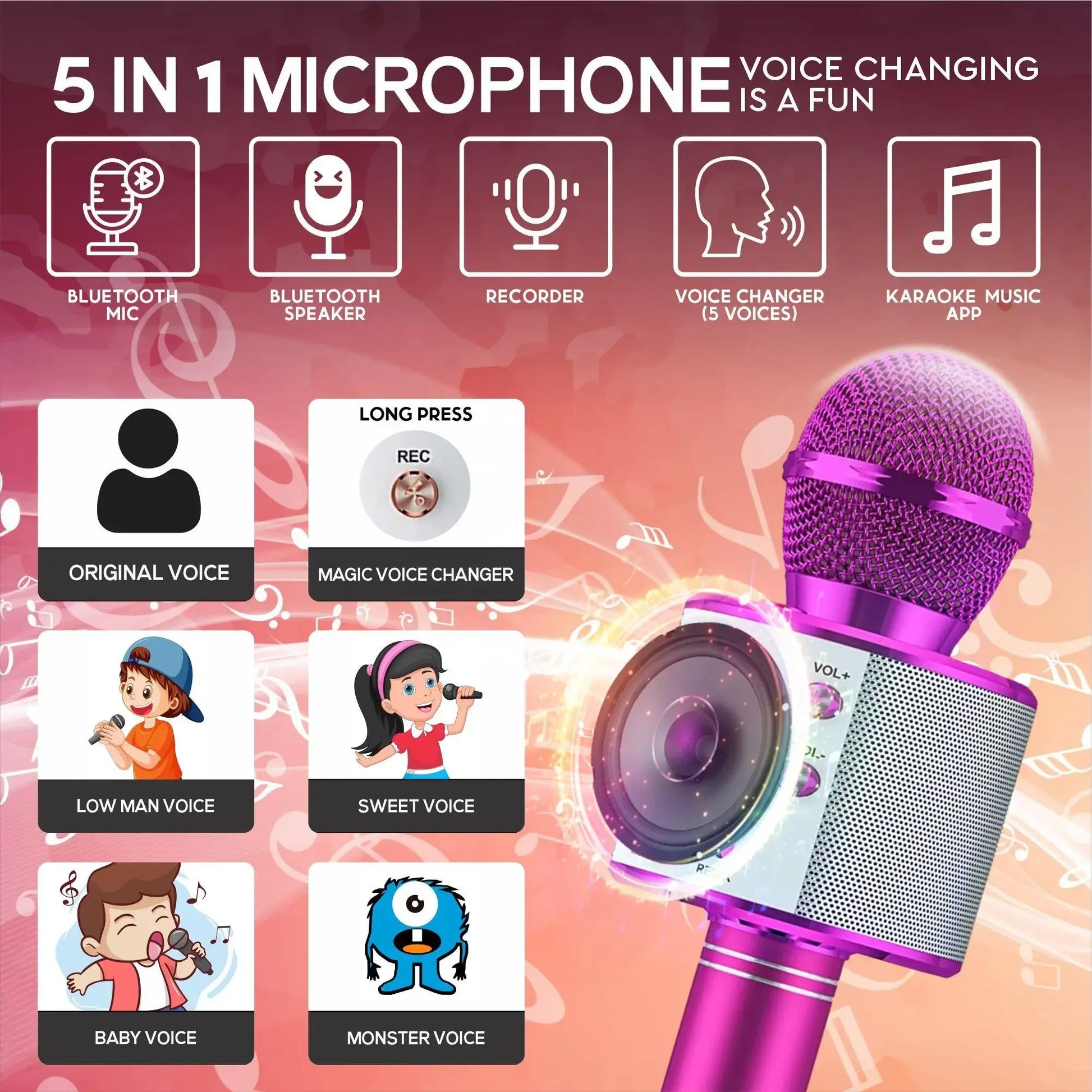 Wireless Bluetooth Karaoke Microphone Speaker  Rechargeable 5 in 1 Handheld Microphone for Home Party Singing 