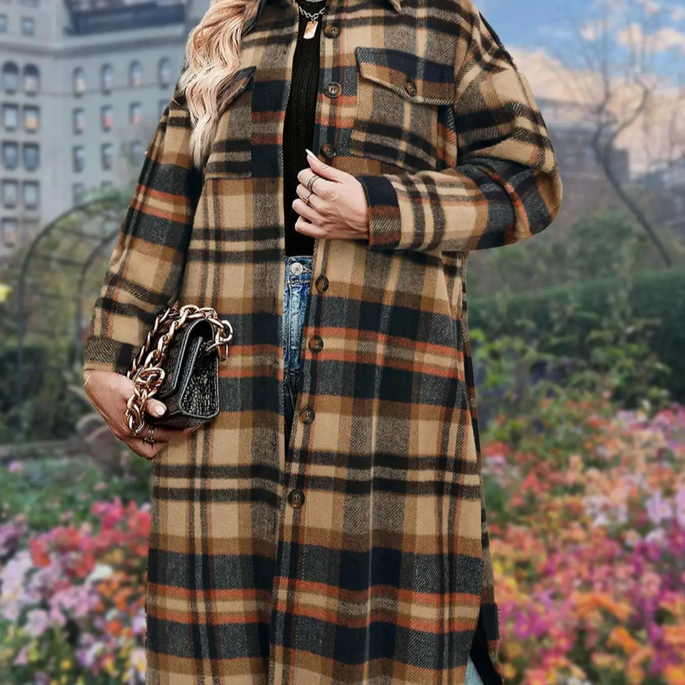 Women'S Plaid Print Button Front Split Side 3/4 Sleeve Warm Coat for Spring, Lady Casual Comfort Loose Drop Shoulder Collared Outerwear for Daily Wear, Womenswear, Women'S Clothes