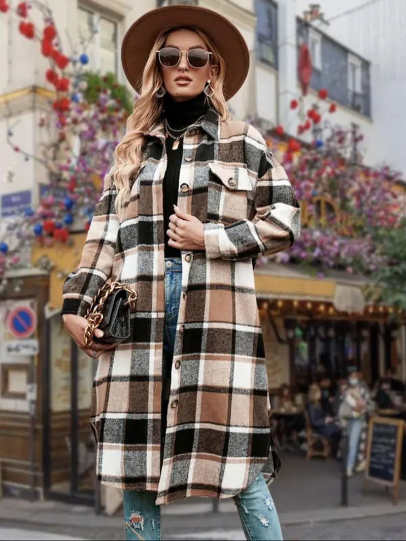 Women'S Plaid Print Button Front Split Side 3/4 Sleeve Warm Coat for Spring, Lady Casual Comfort Loose Drop Shoulder Collared Outerwear for Daily Wear, Womenswear, Women'S Clothes