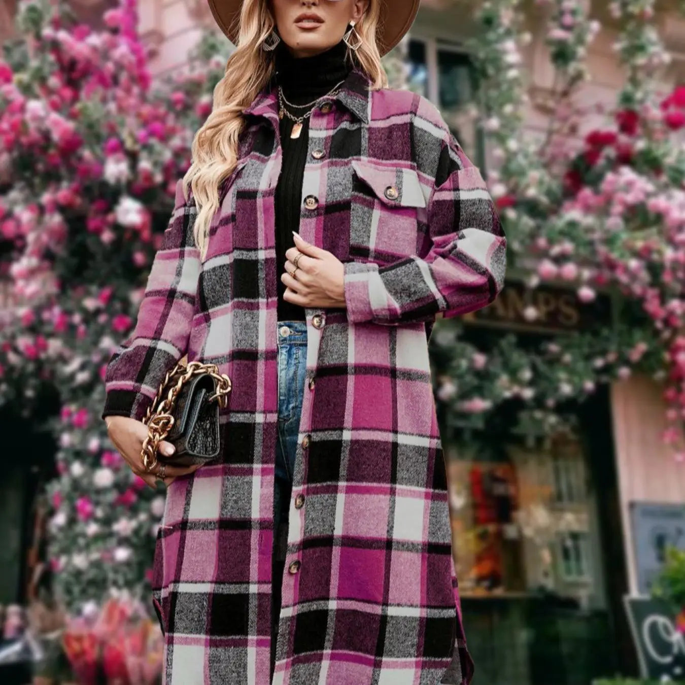 Women'S Plaid Print Button Front Split Side 3/4 Sleeve Warm Coat for Spring, Lady Casual Comfort Loose Drop Shoulder Collared Outerwear for Daily Wear, Womenswear, Women'S Clothes