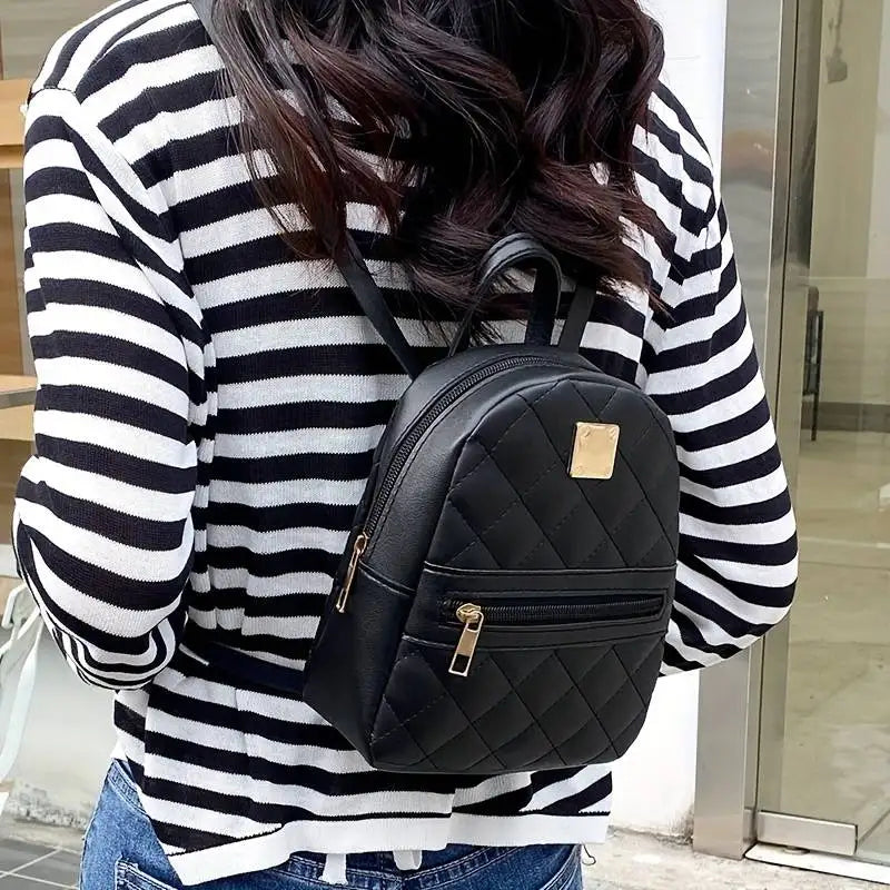 Women's cute small rhombic pattern backpack, with adjustable strap and zipper. Casual Shoulder Black Mobile Bag