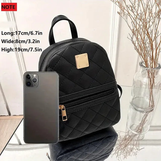 Women's cute small rhombic pattern backpack, with adjustable strap and zipper. Casual Shoulder Black Mobile Bag