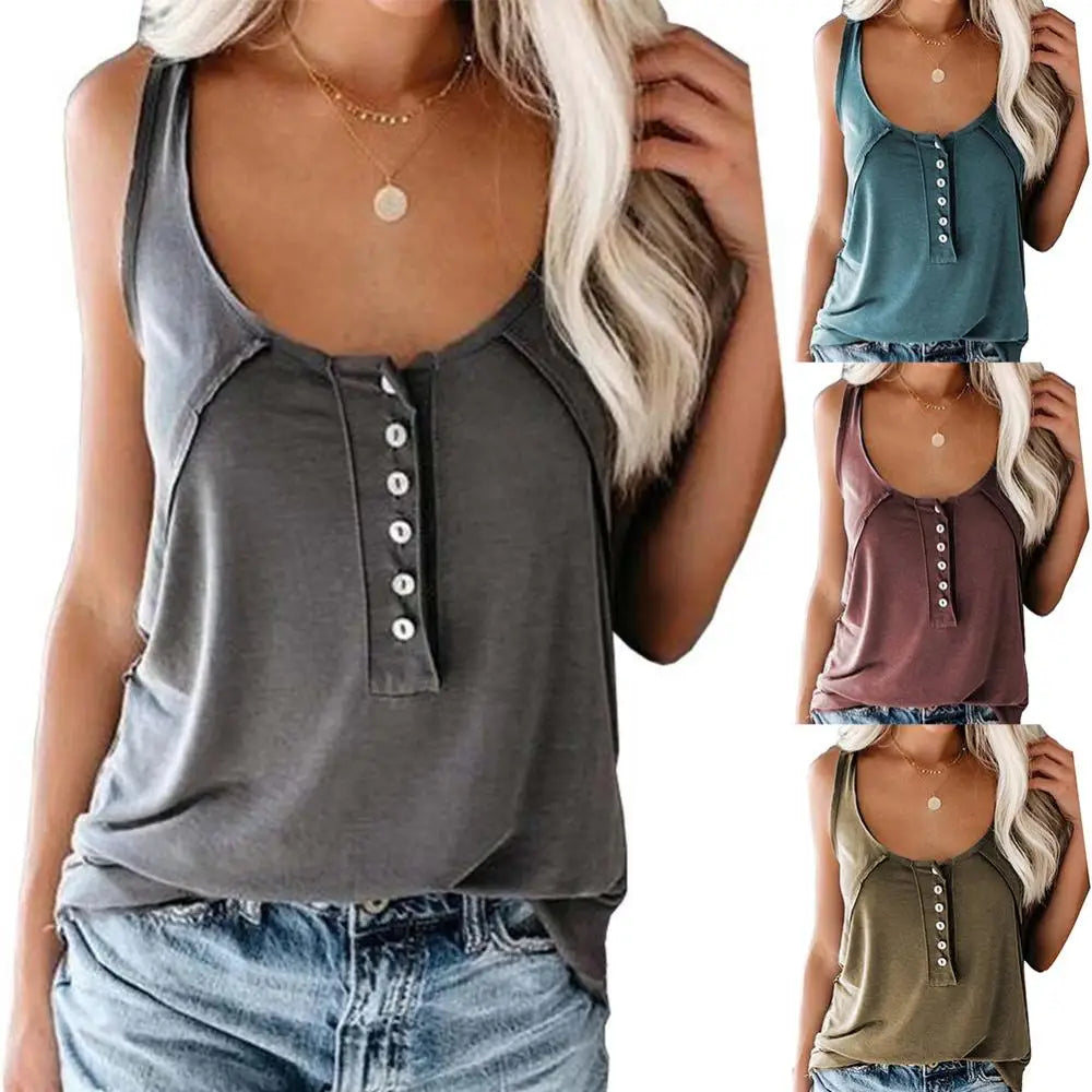 Women Fashion Solid Color Scoop Neck Buttons Vest Camisole Loose Blouse Top