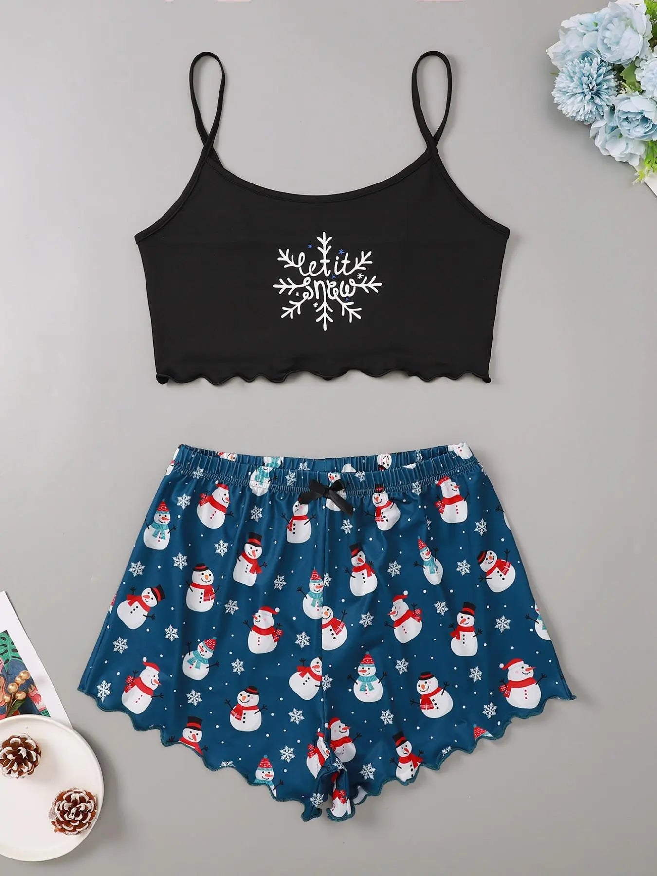 Women's Summer Matching Pajama Set, Chic Cartoon Print Sleeveless Cami Top, Casual Elegance Lounge Sets, Womenswear Pjs