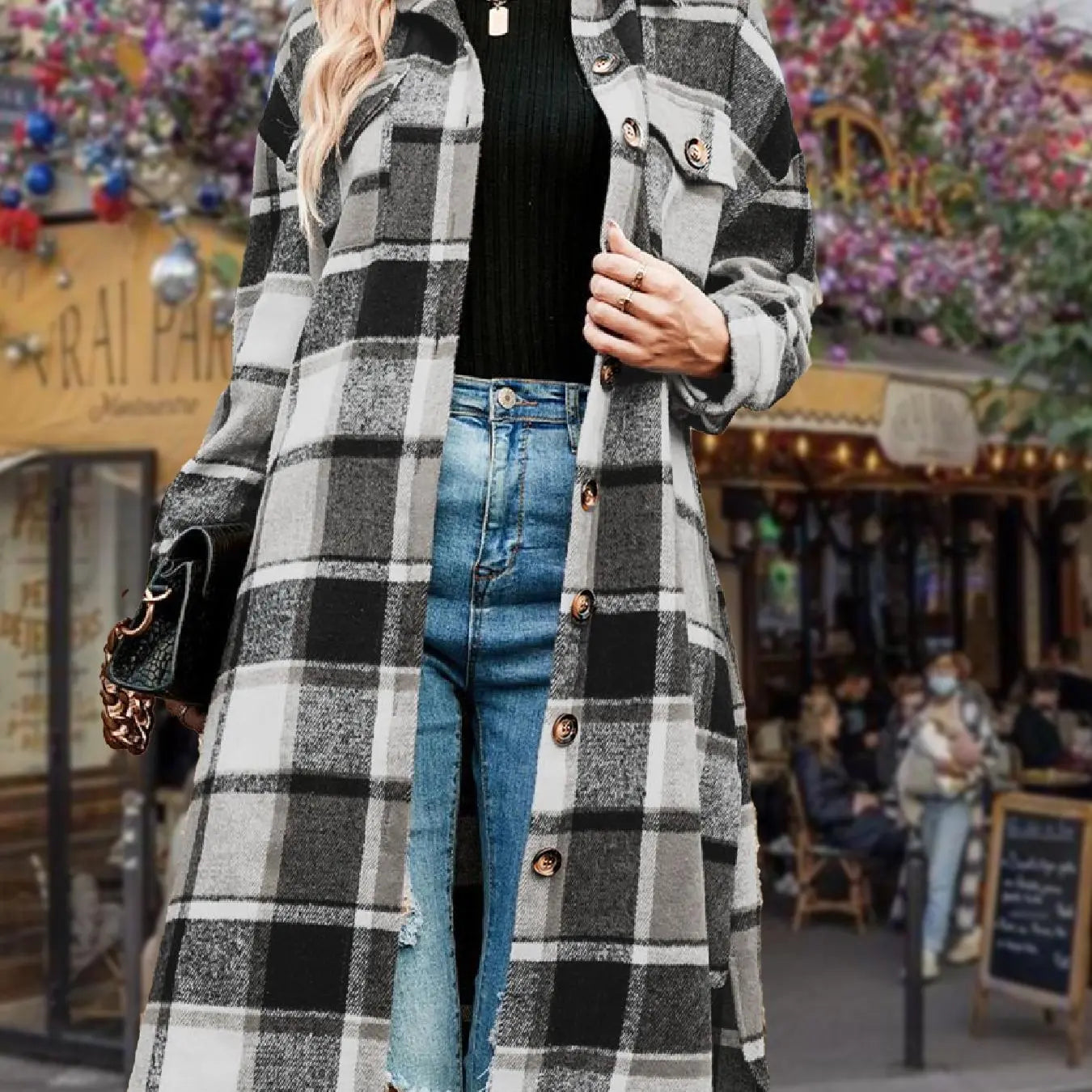 Women'S Plaid Print Button Front Split Side 3/4 Sleeve Warm Coat for Spring, Lady Casual Comfort Loose Drop Shoulder Collared Outerwear for Daily Wear, Womenswear, Women'S Clothes