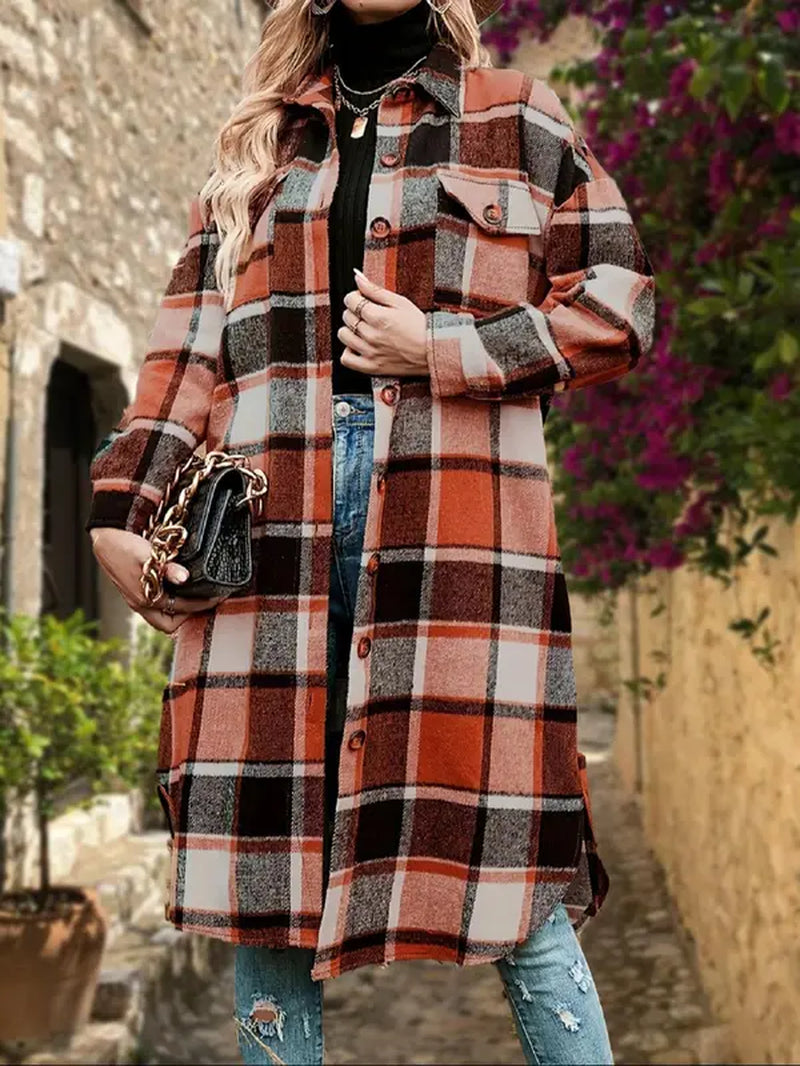 Women'S Plaid Print Button Front Split Side 3/4 Sleeve Warm Coat for Spring, Lady Casual Comfort Loose Drop Shoulder Collared Outerwear for Daily Wear, Womenswear, Women'S Clothes