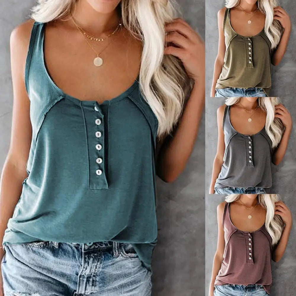 Women Fashion Solid Color Scoop Neck Buttons Vest Camisole Loose Blouse Top