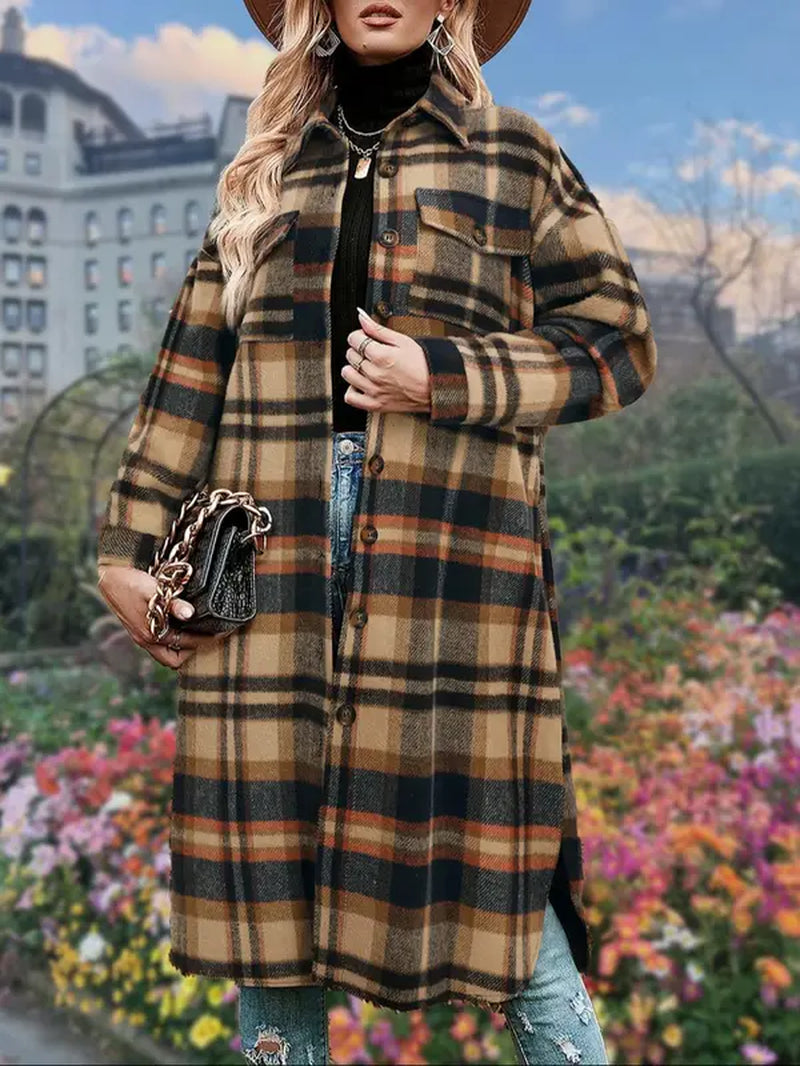 Women'S Plaid Print Button Front Split Side 3/4 Sleeve Warm Coat for Spring, Lady Casual Comfort Loose Drop Shoulder Collared Outerwear for Daily Wear, Womenswear, Women'S Clothes