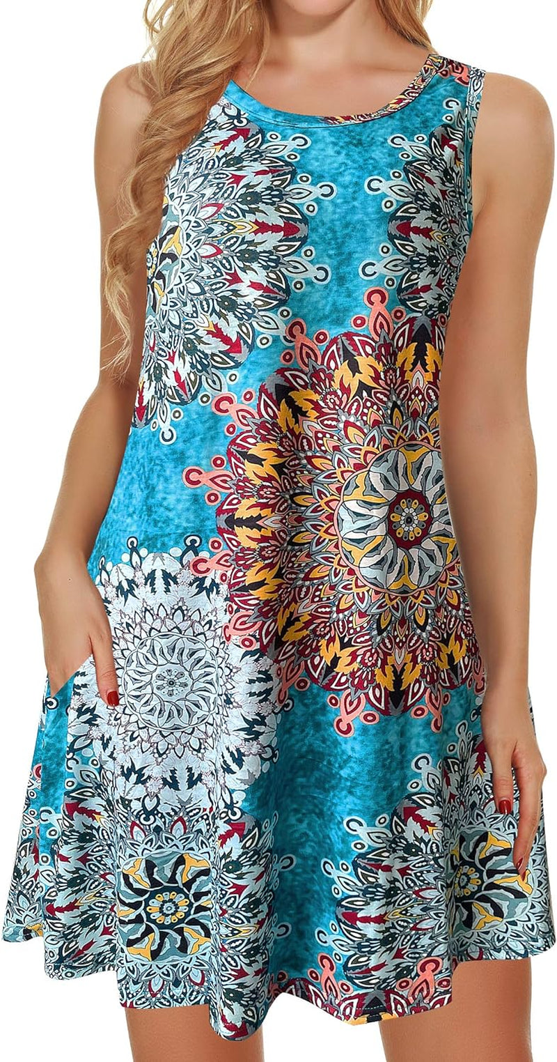 Summer Dresses for Women 2024 Casual Beach Sleeveless Floral Print Tank Loose Sundress with Pocket