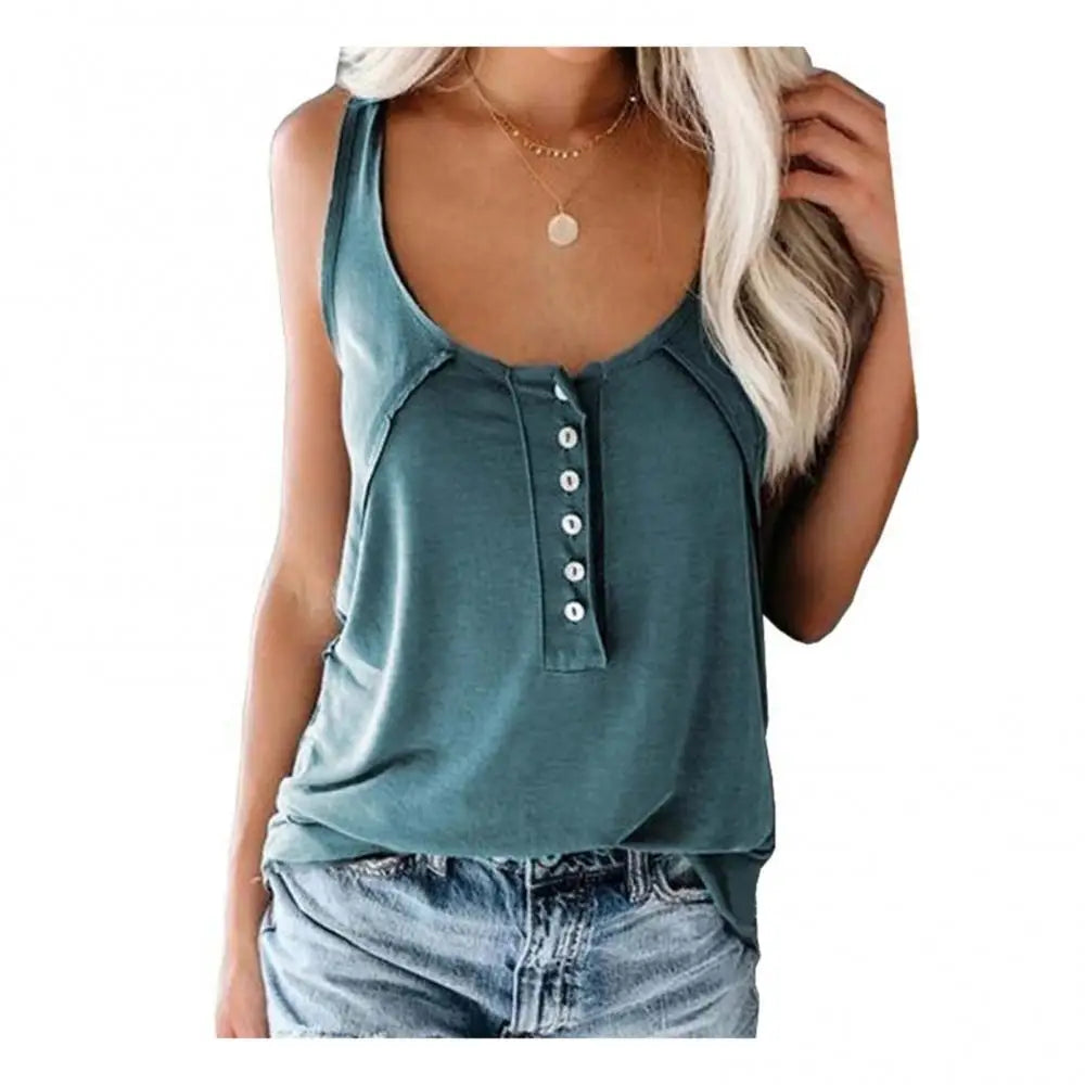 Women Fashion Solid Color Scoop Neck Buttons Vest Camisole Loose Blouse Top